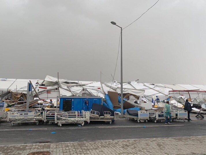 In Qatar due to bad weather, a hospital is collapsing and causing dozens of injuries and a plane crashing into another at Doha Airport.