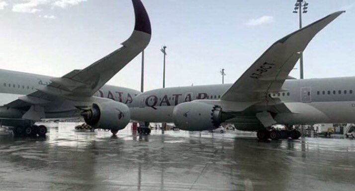 In Qatar due to bad weather, a hospital is collapsing and causing dozens of injuries and a plane crashing into another at Doha Airport.