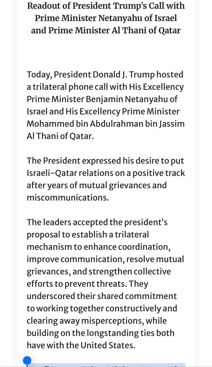 White House: “As a first step, Prime Minister Netanyahu expressed his deep regret that Israel’s missile strike against Hamas targets in Qatar unintentionally killed a Qatari serviceman.”