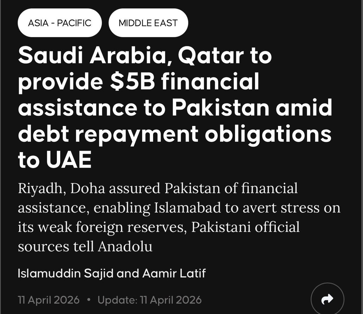 Saudi Arabia and Qatar have assured Pakistan of $5 billion in financial aid to help stabilize its foreign reserves. The support comes as Pakistan prepares to repay $3.5 billion to the United Arab Emirates by the end of April